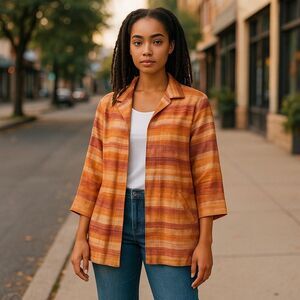Chico's Orange Watercolor Striped Linen Blend Jacket Blazer 2 12 Large